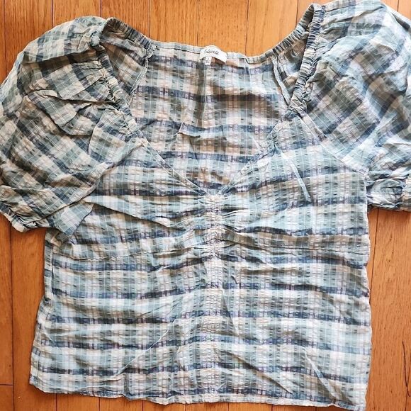 Madewell Blue Plaid Puff Sleeve Blouse- Women's Size Large - Picture 3 of 4